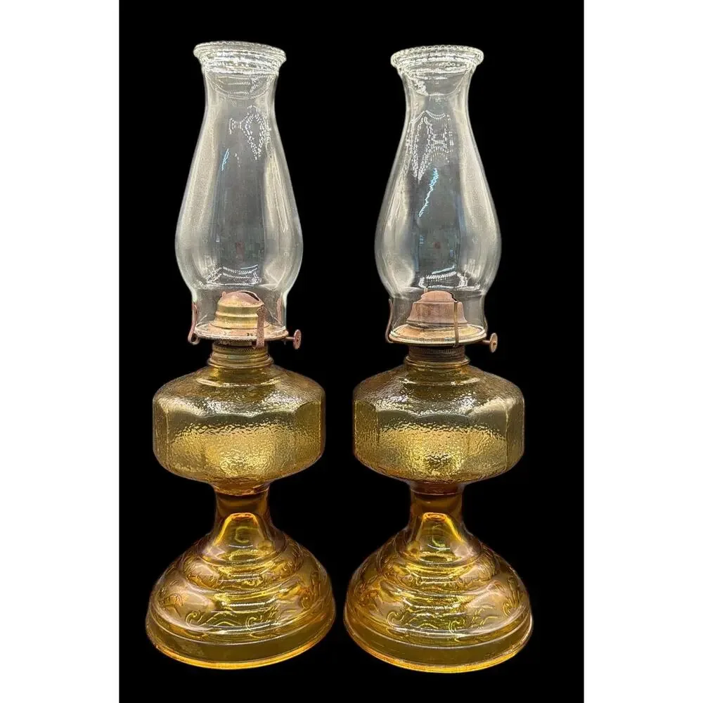 Pair Antique Amber Glass Oil Lamps P&A Burners Hurricane Chimneys 18